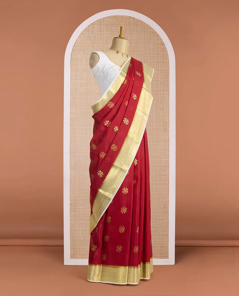 Maroon hashtag-shape zari buttas woven Mysore silk saree, contrast traditional zari design border & zari-rich jaal pallu