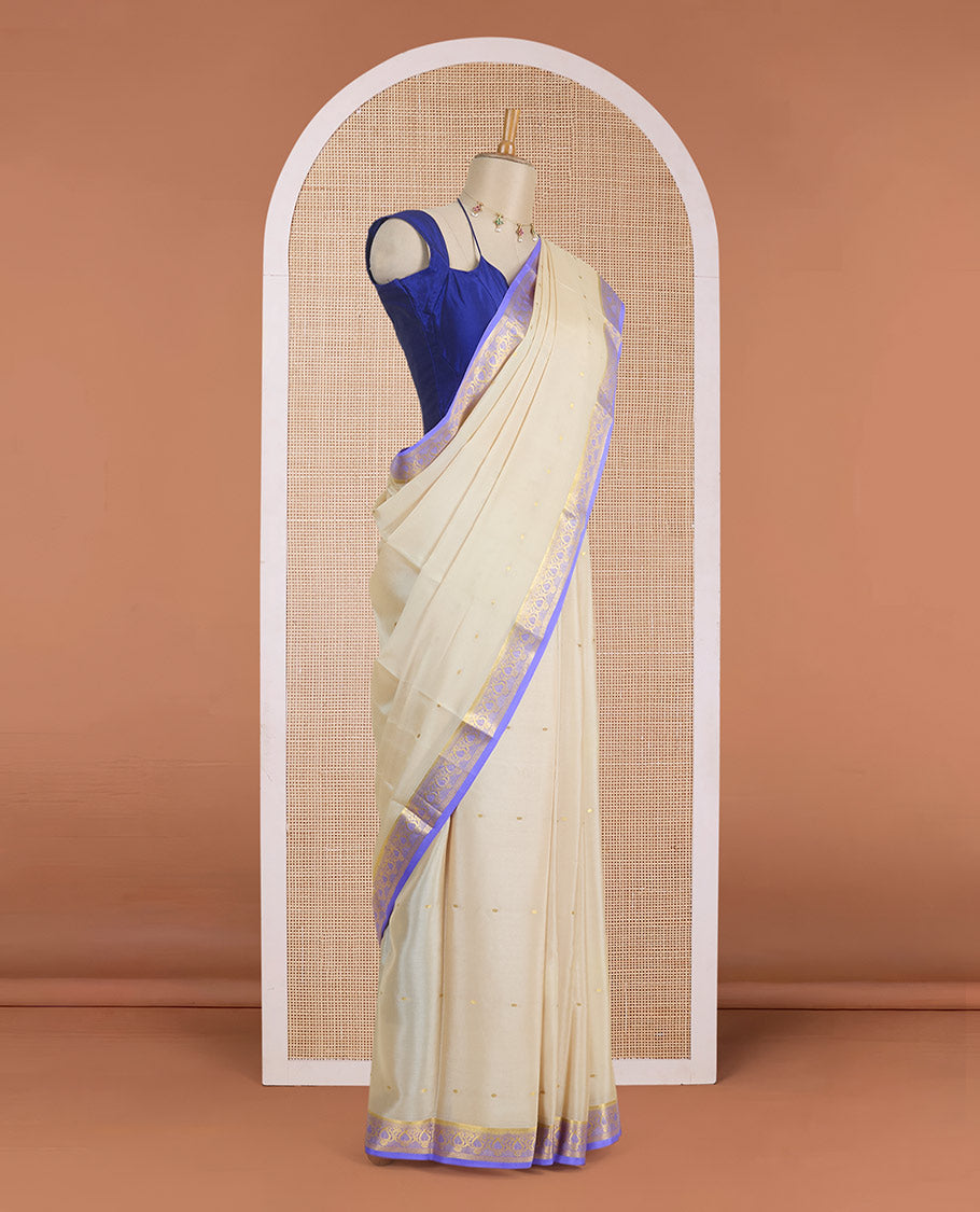 Cream zari buttas Mysore silk saree, contrast zari border woven in traditional motifs & zari buttas pallu