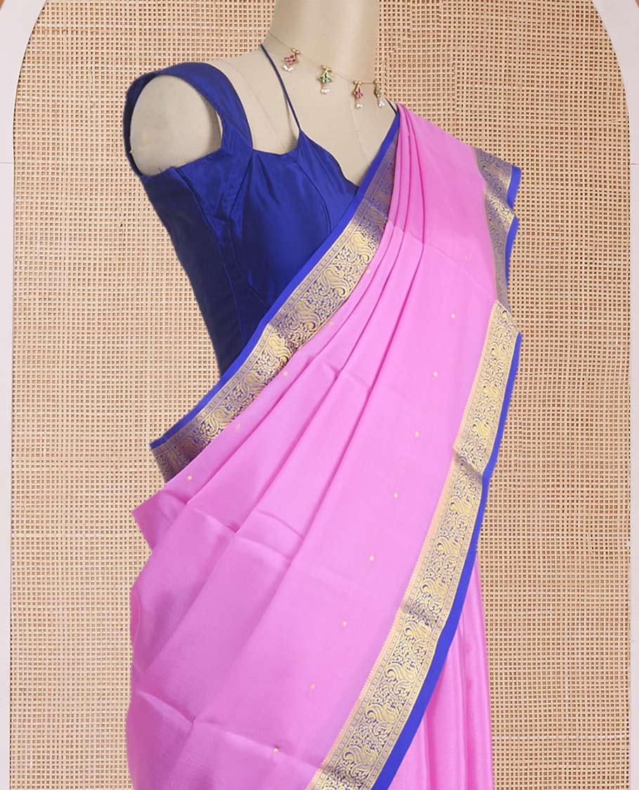 Rosemilk pink zari buttas Mysore silk saree, contrast paisley motifs woven zari border & pallu of zari motifs (Copy)