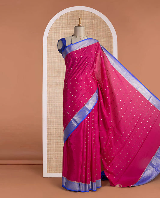 Orchid pink zari buttas Mysore silk saree, contrast traditional design zari border & zari-rich pallu jaal & corner manga motif