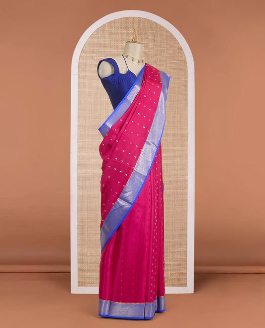 Orchid pink zari buttas Mysore silk saree, contrast traditional design zari border & zari-rich pallu jaal & corner manga motif
