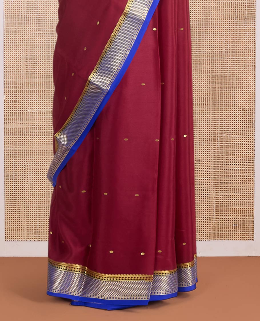 Maroon zari buttas Mysore silk saree, contrast traditional design zari border & zari motifs pallu