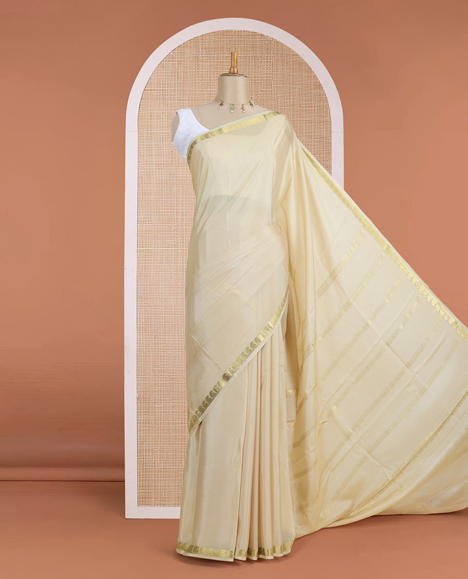 Sandal plain Mysore silk saree, golden zari paisley design border & thick-zari striped pallu