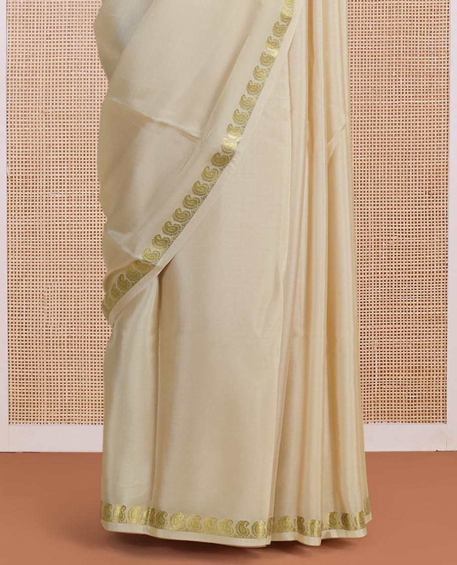Sandal plain Mysore silk saree, golden zari paisley design border & thick-zari striped pallu