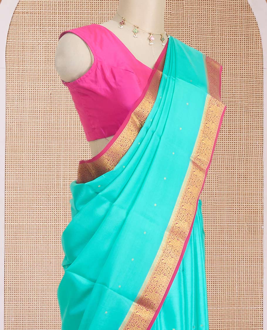 Blue zari buttas Mysore silk saree, contrast paisley zari design border & pallu of zari buttas