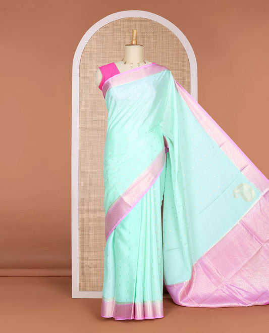 Green zari buttas Mysore silk saree, contrast traditional zari design border & butta enclosed jaal design pallu