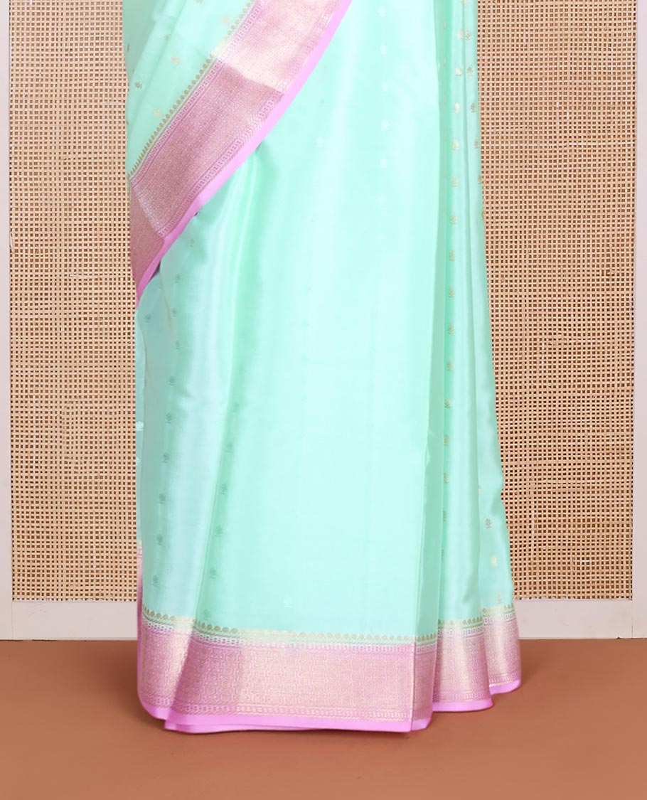 Green zari buttas Mysore silk saree, contrast traditional zari design border & butta enclosed jaal design pallu