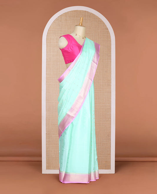 Green zari buttas Mysore silk saree, contrast traditional zari design border & butta enclosed jaal design pallu