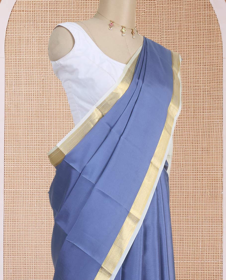 Grey plain Mysore silk saree, contrast golden zari border woven in traditional motifs & zari striped pallu