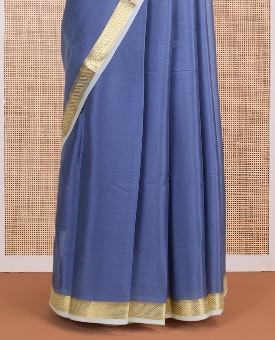 Grey plain Mysore silk saree, contrast golden zari border woven in traditional motifs & zari striped pallu