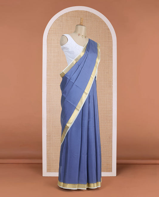 Grey plain Mysore silk saree, contrast golden zari border woven in traditional motifs & zari striped pallu