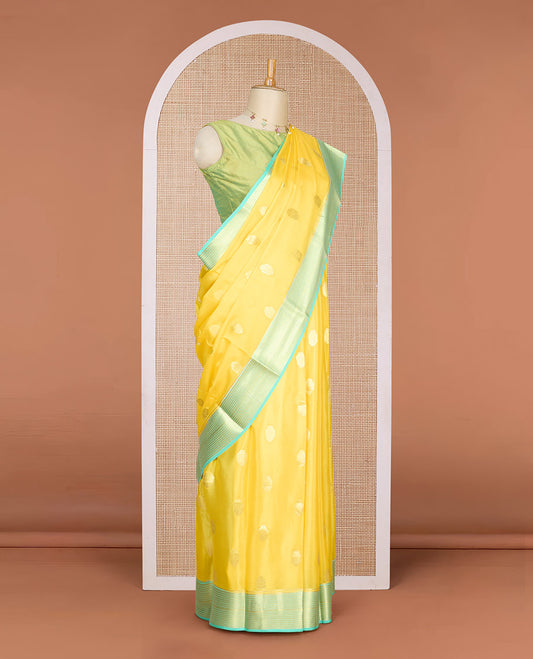 Yellow zari buttas Mysore silk saree, contrast traditional design zari border & pallu of chevron designs