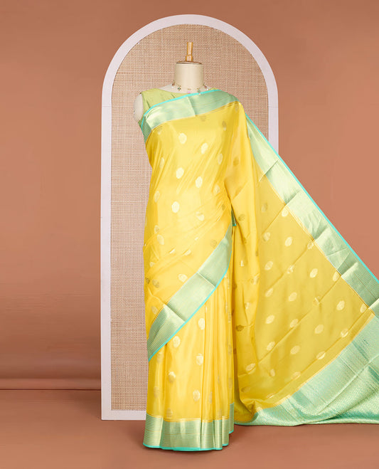Yellow zari buttas Mysore silk saree, contrast traditional design zari border & pallu of chevron designs