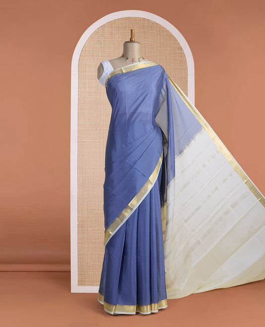 Grey plain Mysore silk saree, contrast golden zari border woven in traditional motifs & zari striped pallu