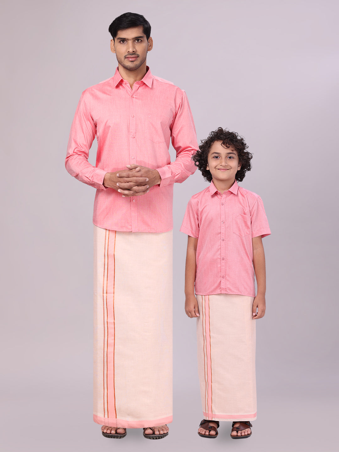 Father & Son Pink Color Cotton Shirt with Matching Border Tissue Dhoti Combo