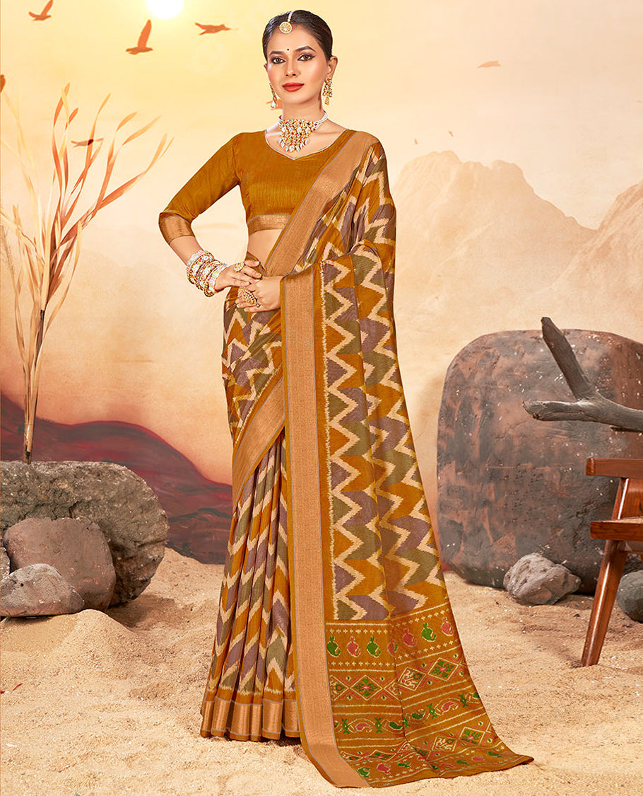 Mustard Chevron Printed Designer Catalog Saree, a Bavanji Border, Geometric Patola Printed Pallu, a Matching Blouse