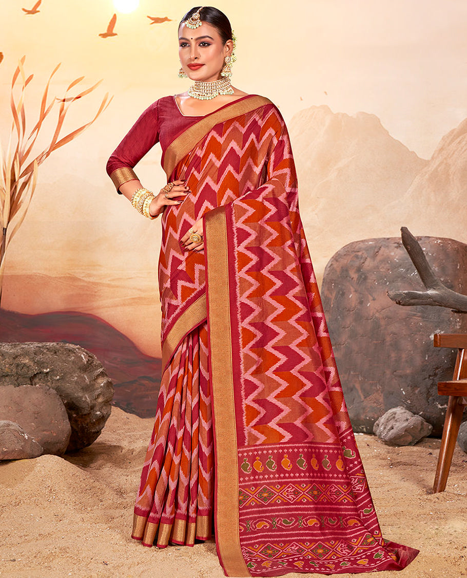 Red Chevron Printed Designer Catalog Saree, a Bavanji Border, Geometric Patola Printed Pallu, a Matching Blouse