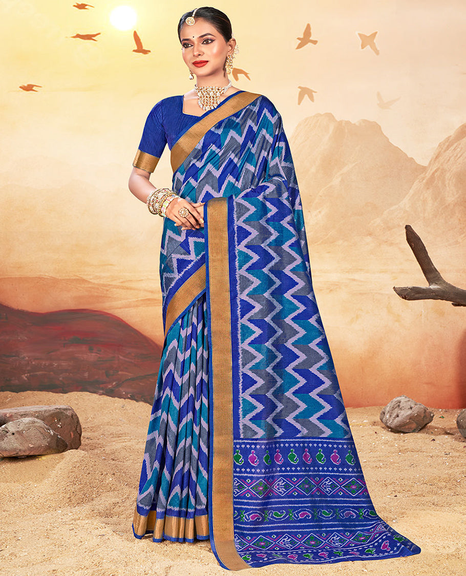 Royal Blue Chevron Printed Designer Catalog Saree, a Bavanji Border, Geometric Patola Printed Pallu, a Matching Blouse