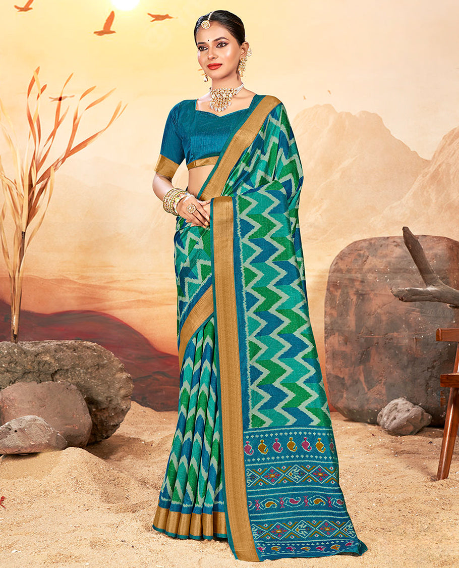 Blue Chevron Printed Designer Catalog Saree, a Bavanji Border, Geometric Patola Printed Pallu, a Matching Blouse