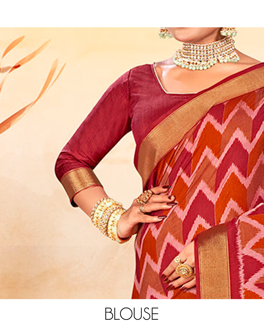 Red Chevron Printed Designer Catalog Saree, a Bavanji Border, Geometric Patola Printed Pallu, a Matching Blouse