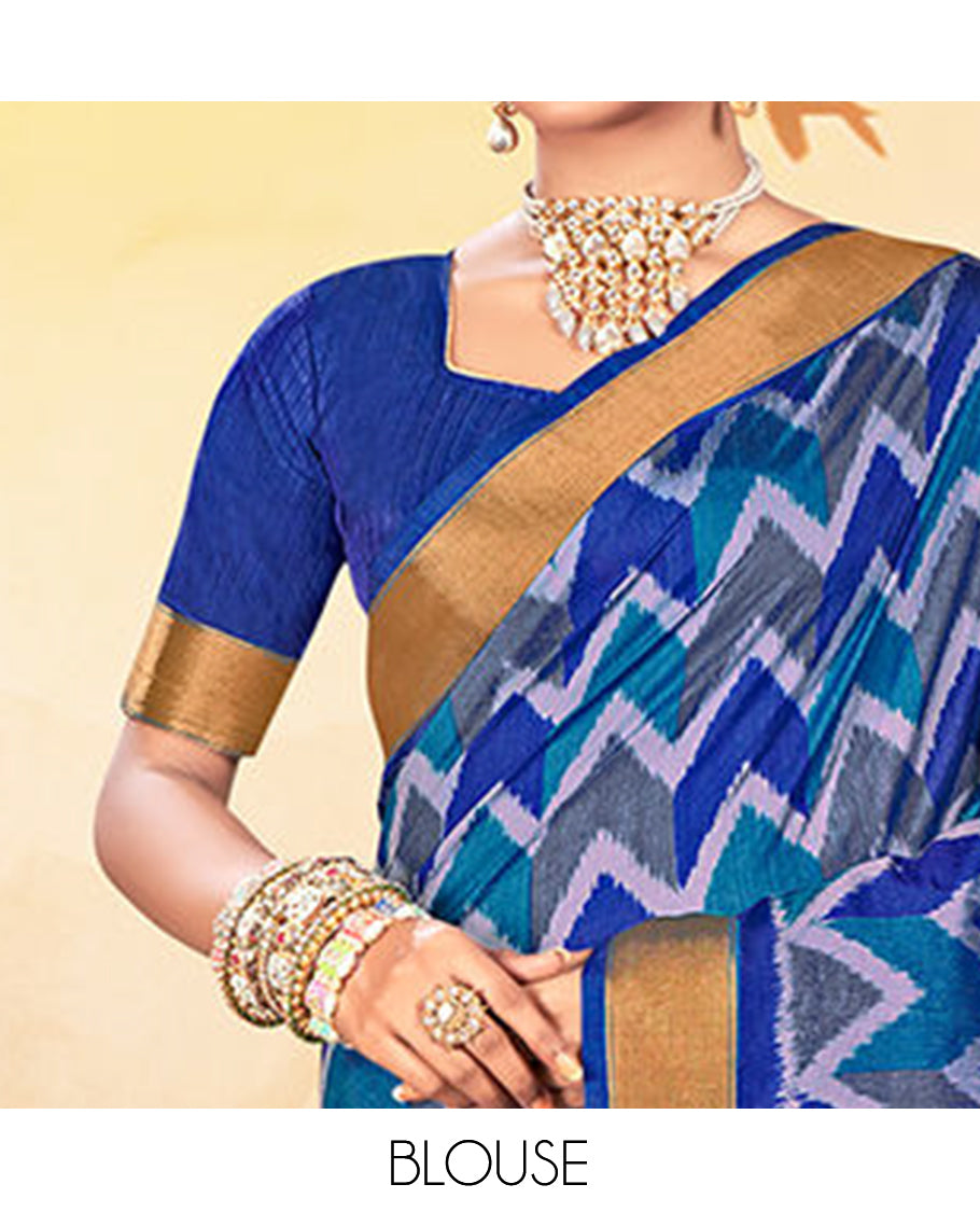 Royal Blue Chevron Printed Designer Catalog Saree, a Bavanji Border, Geometric Patola Printed Pallu, a Matching Blouse