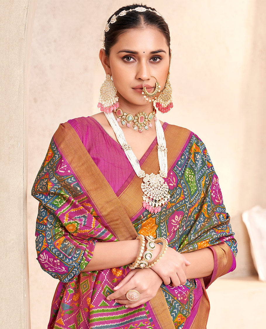 Grey Patola Fancy Raw Silk Designer Saree, Decked Up with Intricate Design, a Bavanji Border, Intricately Designed Pallu, and a Contrast Blouse