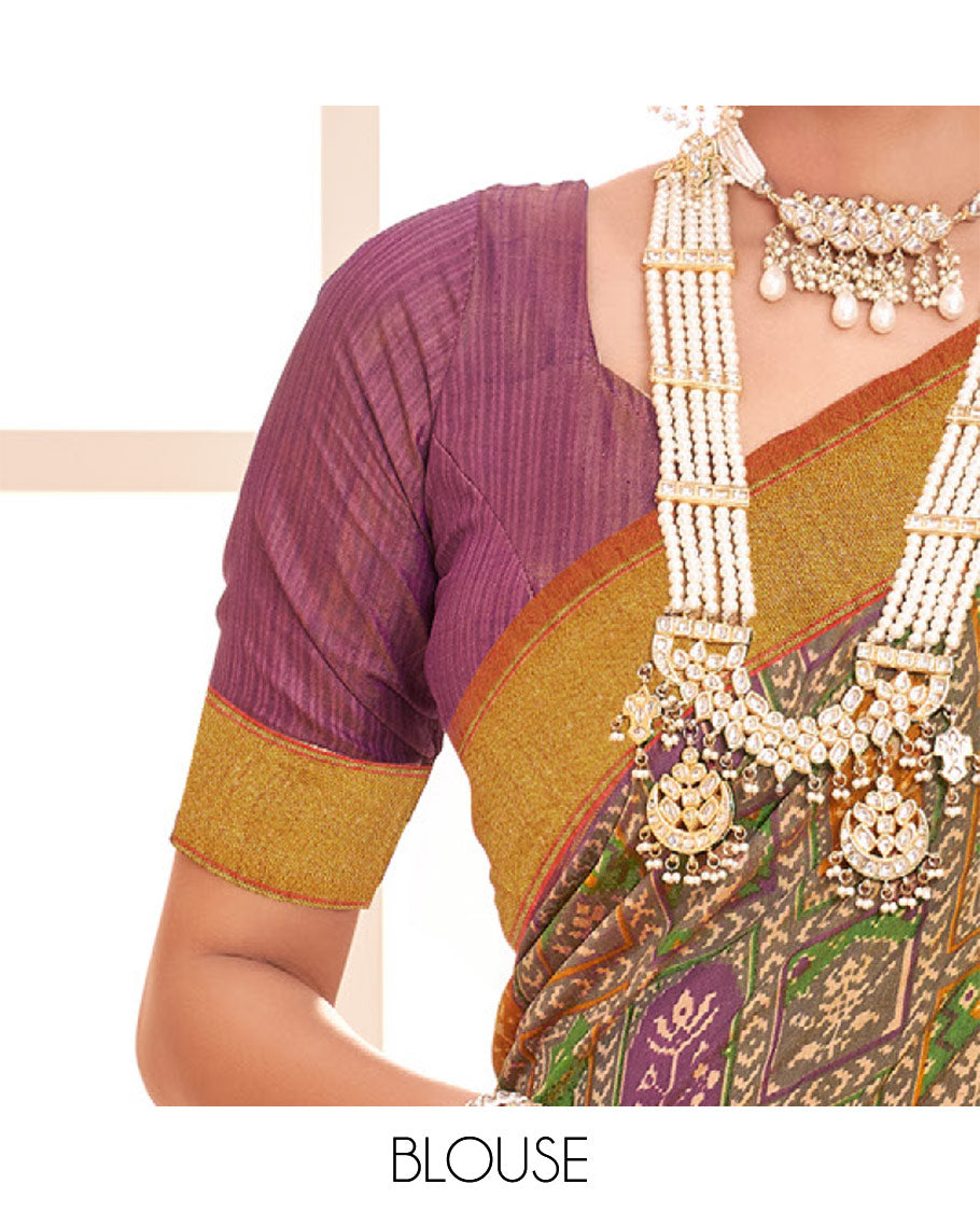 Grey Patola Fancy Raw Silk Designer Saree, Detailed with Intricate Design, a Bavanji Border, Intricately Designed Pallu, and a Contrast Blouse