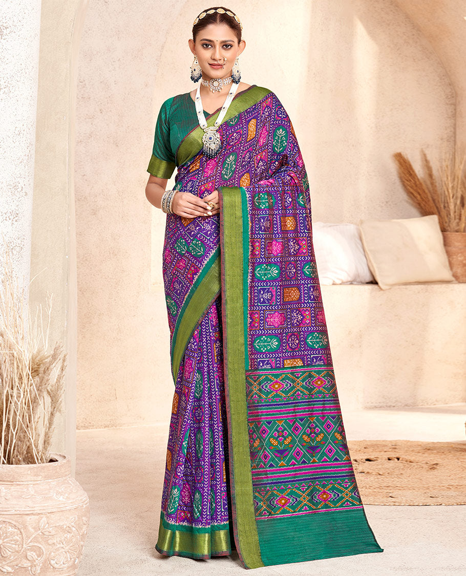 Violet Patola Fancy Raw Silk Designer Saree, Embellished with Intricate Design, a Bavanji Border, Intricately Designed Pallu, and a Contrast Blouse