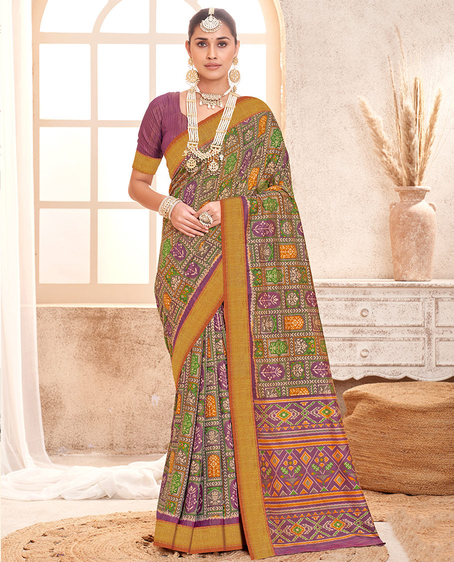Grey Patola Fancy Raw Silk Designer Saree, Detailed with Intricate Design, a Bavanji Border, Intricately Designed Pallu, and a Contrast Blouse