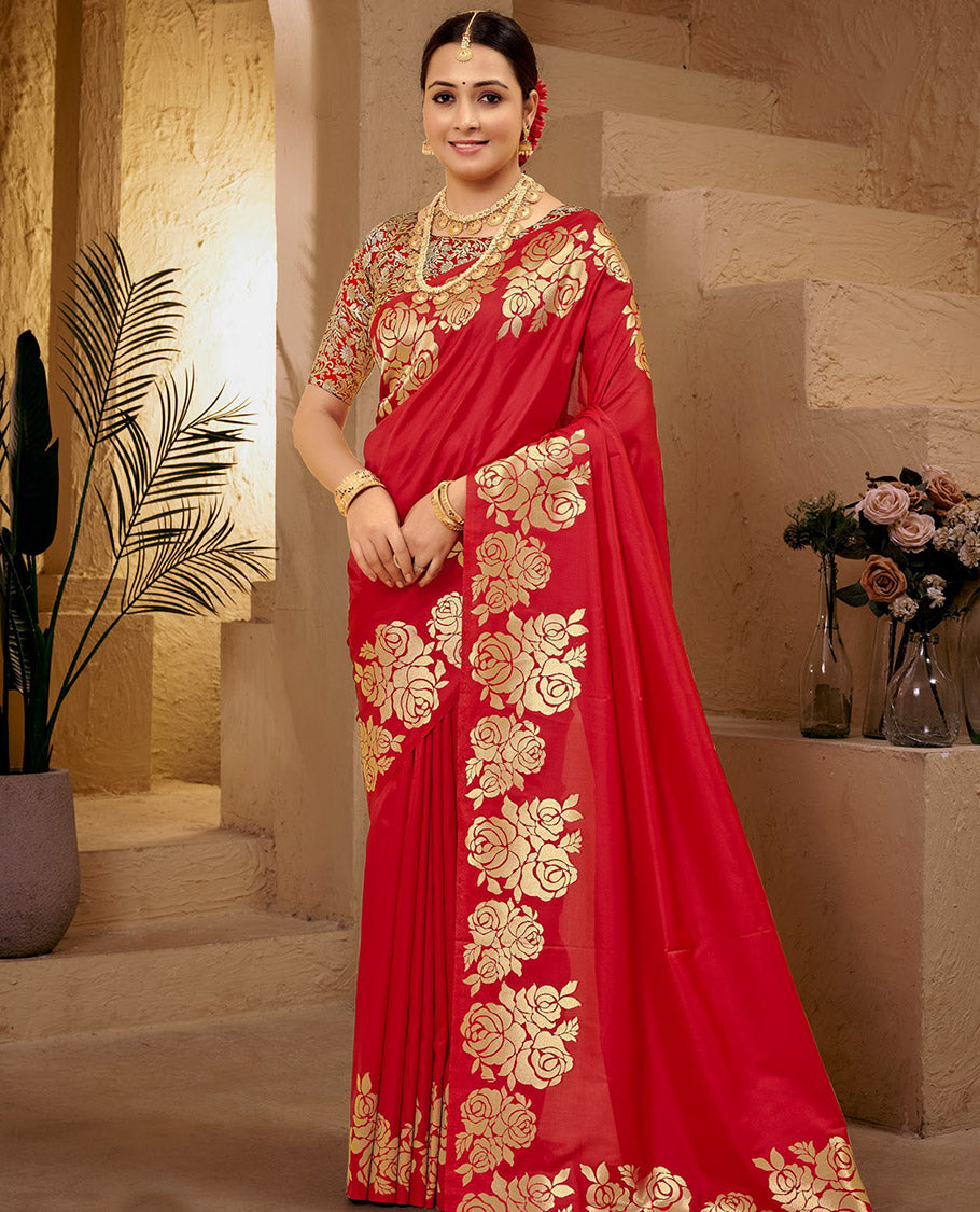 Red Art Silk Plain Designer Catalog Saree, Beautified with a Rose Zari Border, Pallu of Floral Designs, and a Matching Blouse
