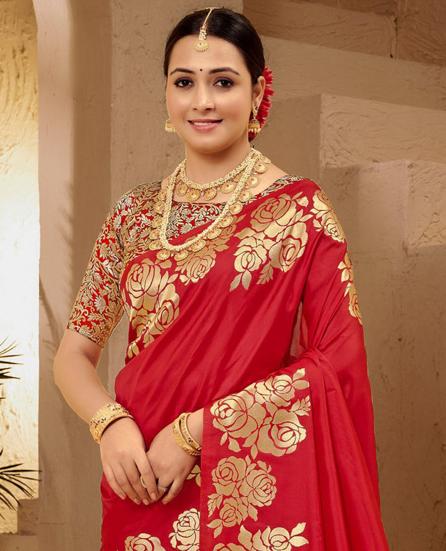 Red Art Silk Plain Designer Catalog Saree, Beautified with a Rose Zari Border, Pallu of Floral Designs, and a Matching Blouse