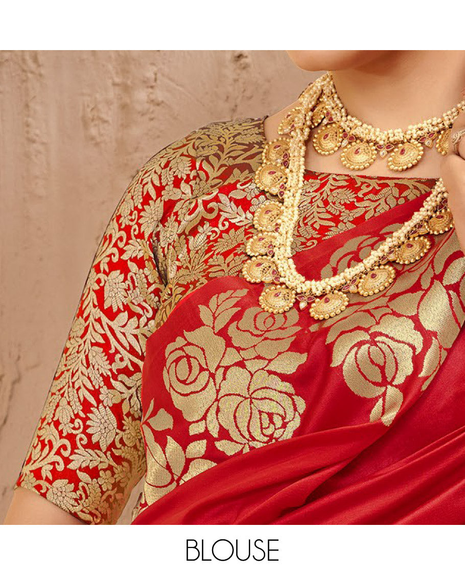 Red Art Silk Plain Designer Catalog Saree, Beautified with a Rose Zari Border, Pallu of Floral Designs, and a Matching Blouse