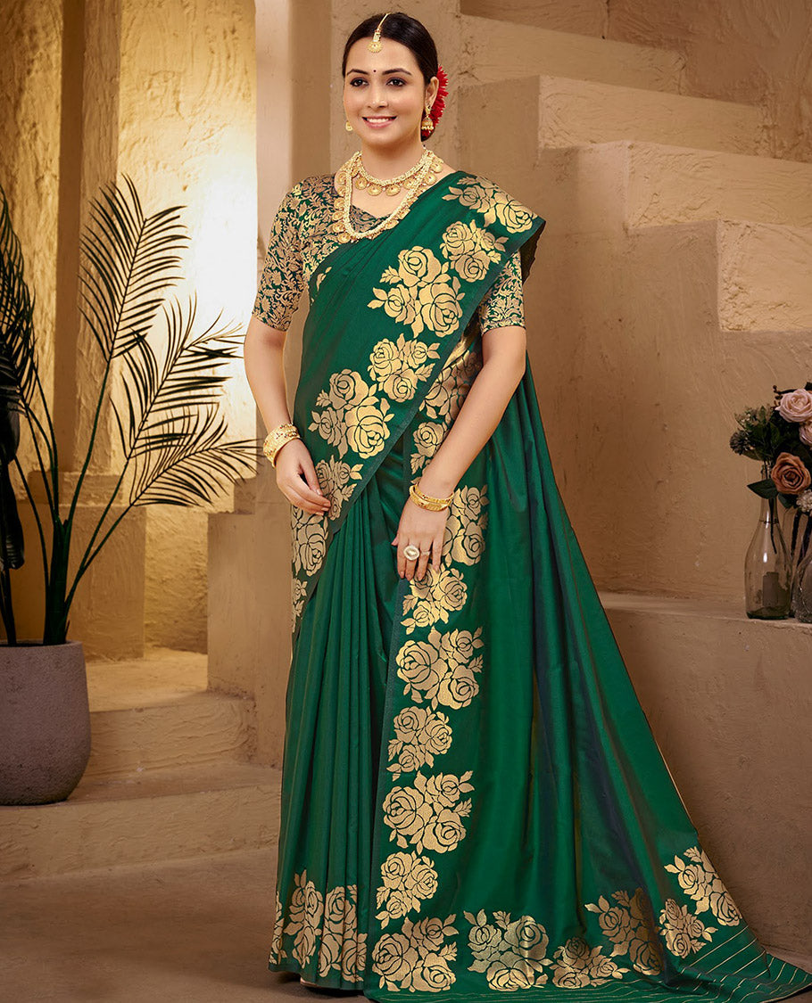 Green Art Silk Plain Designer Catalog Saree, Decked Up with a Rose Zari Border, Pallu of Floral Designs, and a Matching Blouse