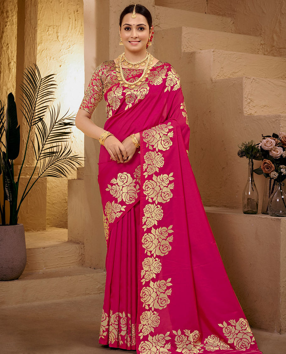 Pink Art Silk Plain Designer Catalog Saree, Decorated with a Rose Zari Border, Pallu of Floral Designs, and a Matching Blouse