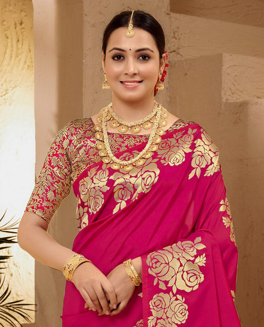 Pink Art Silk Plain Designer Catalog Saree, Decorated with a Rose Zari Border, Pallu of Floral Designs, and a Matching Blouse
