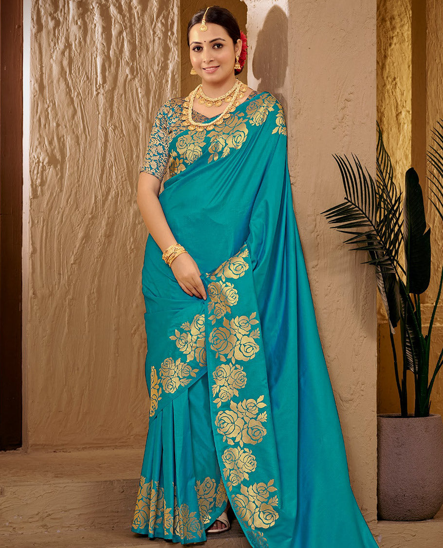 Blue Art Silk Plain Designer Catalog Saree, Enthralled with a Rose Zari Border, Pallu of Floral Designs, and a Matching Blouse