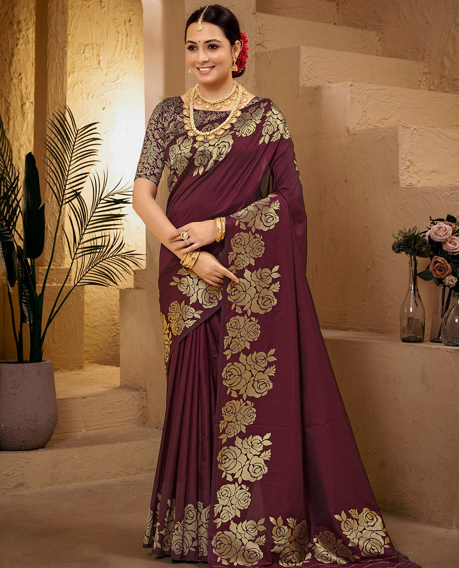 Brown Art Silk Plain Designer Catalog Saree, Spotlighted with a Rose Zari Border, Pallu of Floral Designs, and a Matching Blouse