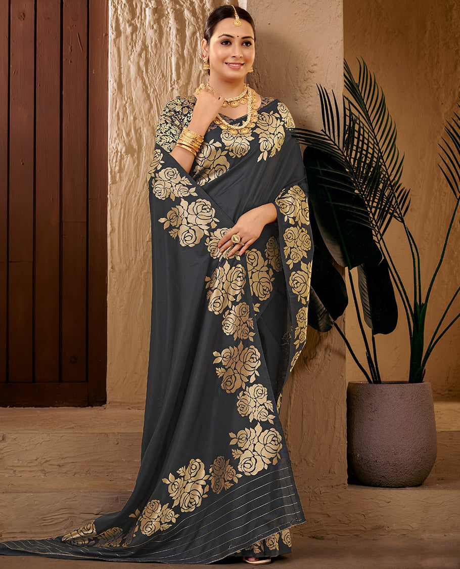 Grey Art Silk Plain Designer Catalog Saree, Enriched with a Rose Zari Border, Pallu of Floral Designs, and a Matching Blouse
