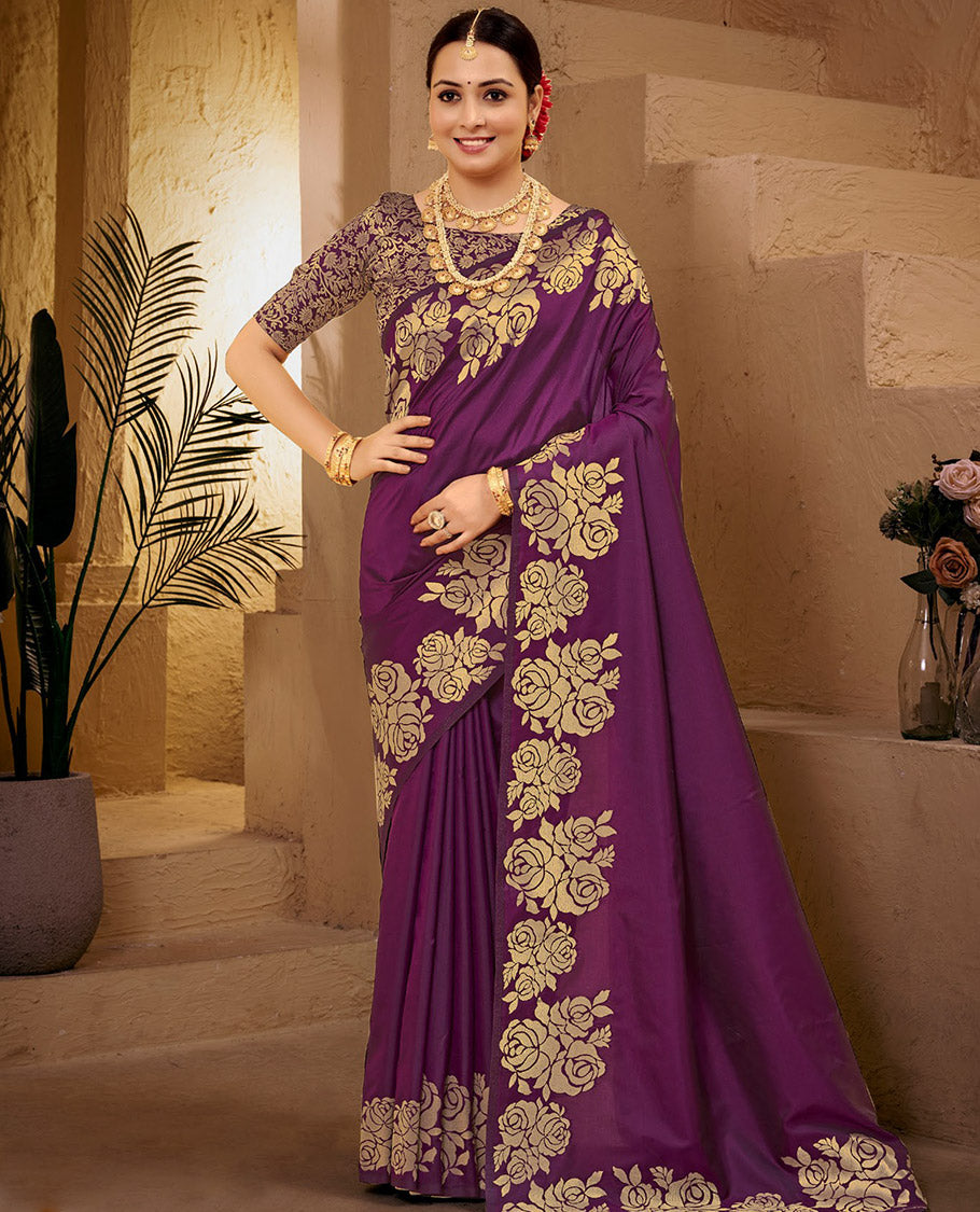 Purple Plain Art Silk Designer Catalog Saree, Elevated with a Rose Zari Border, Pallu of Floral Designs, and a Matching Blouse
