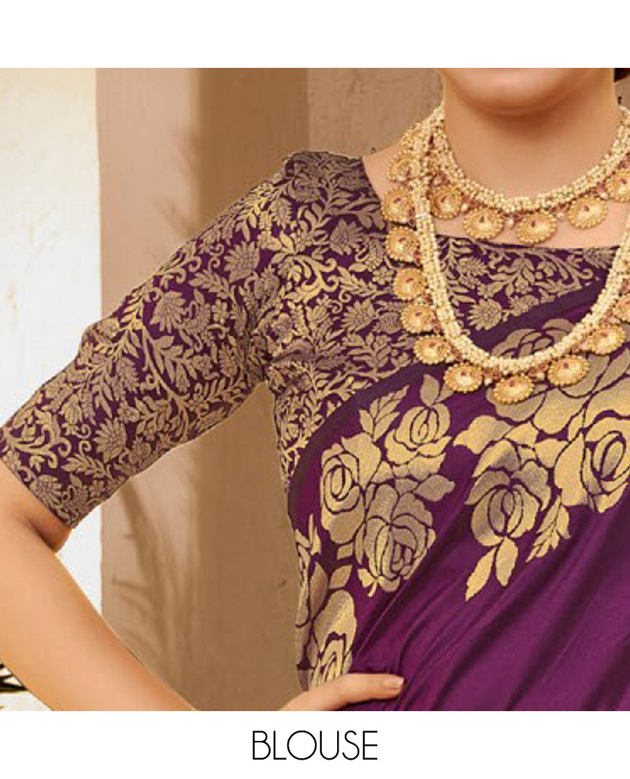 Purple Plain Art Silk Designer Catalog Saree, Elevated with a Rose Zari Border, Pallu of Floral Designs, and a Matching Blouse