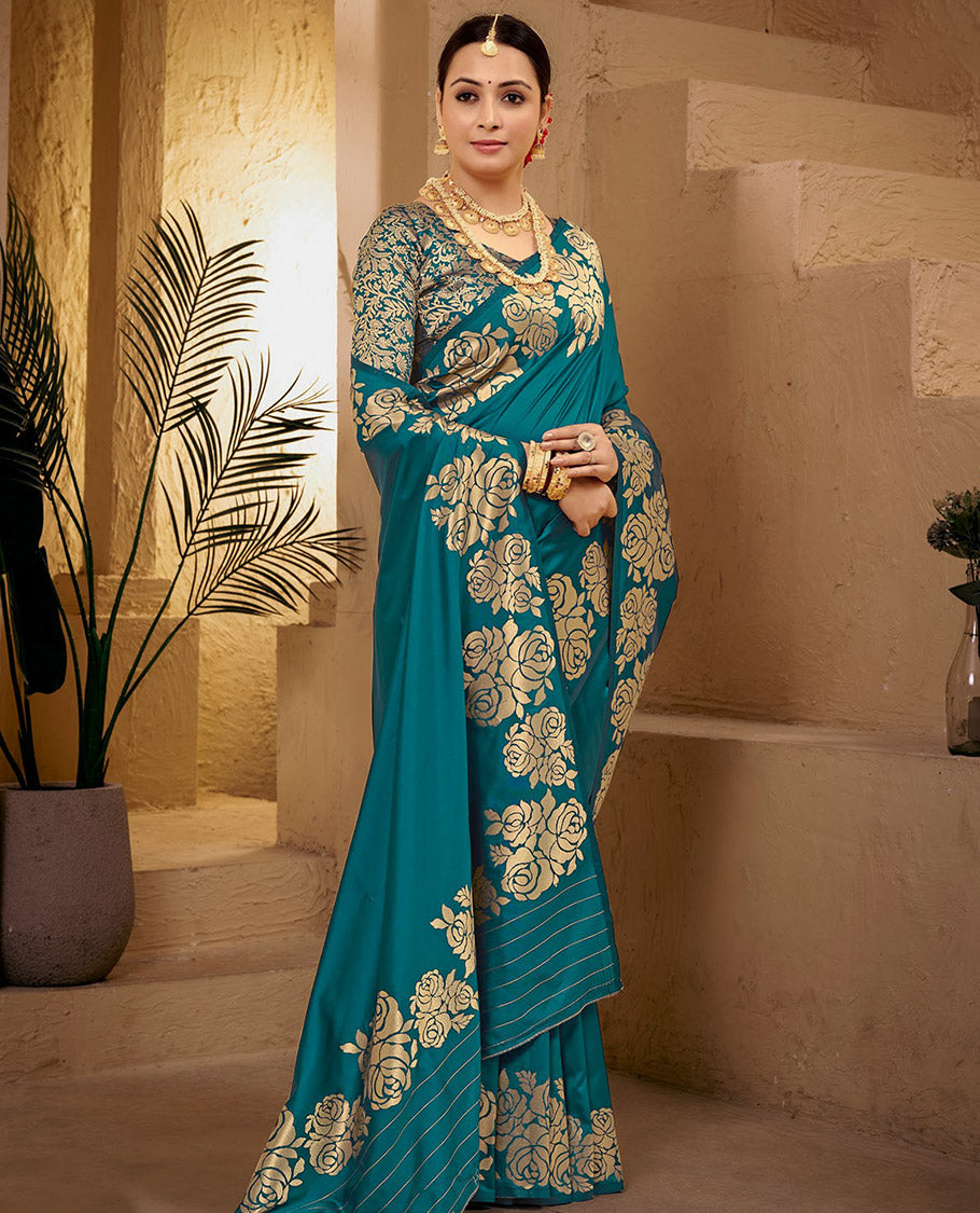 Blue Art Silk Plain Designer Catalog Saree, Highlighted by a Rose Zari Border, Pallu of Floral Designs, and a Matching Blouse