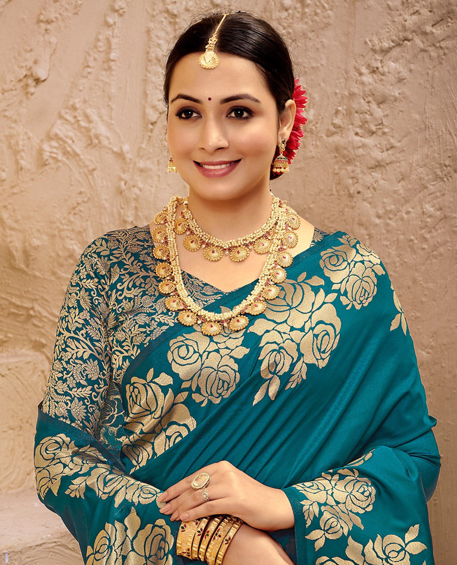 Blue Art Silk Plain Designer Catalog Saree, Highlighted by a Rose Zari Border, Pallu of Floral Designs, and a Matching Blouse