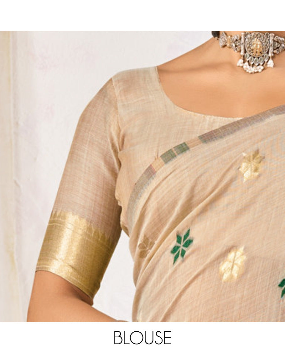Beige Chanderi Cotton Designer Saree, Accentuated with Flower Buttas, a Piping Border, a Flower Pallu, and a Matching Blouse