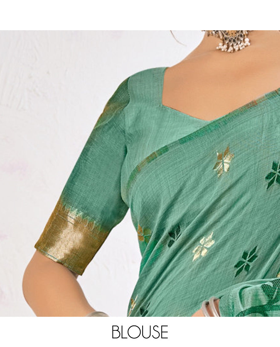 Blue Chanderi Cotton Designer Saree, Embellished with Flower Buttas, a Piping Border, a Flower Pallu, and a Matching Blouse