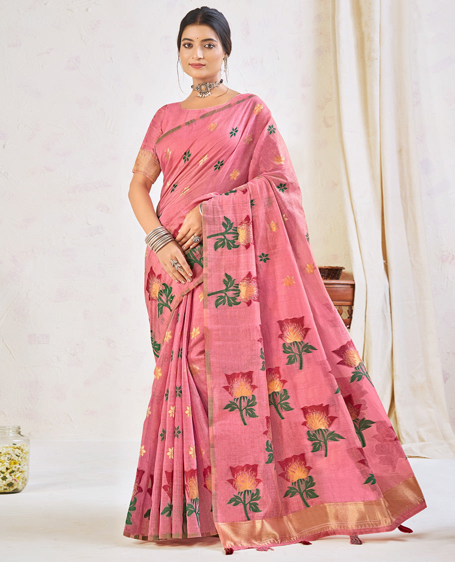 Pink Chanderi Cotton Designer Saree, Elevated with Flower Buttas, a Piping Border, a Flower Pallu, and a Matching Blouse