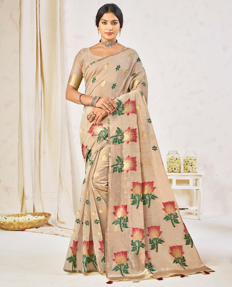 Beige Chanderi Cotton Designer Saree, Accentuated with Flower Buttas, a Piping Border, a Flower Pallu, and a Matching Blouse