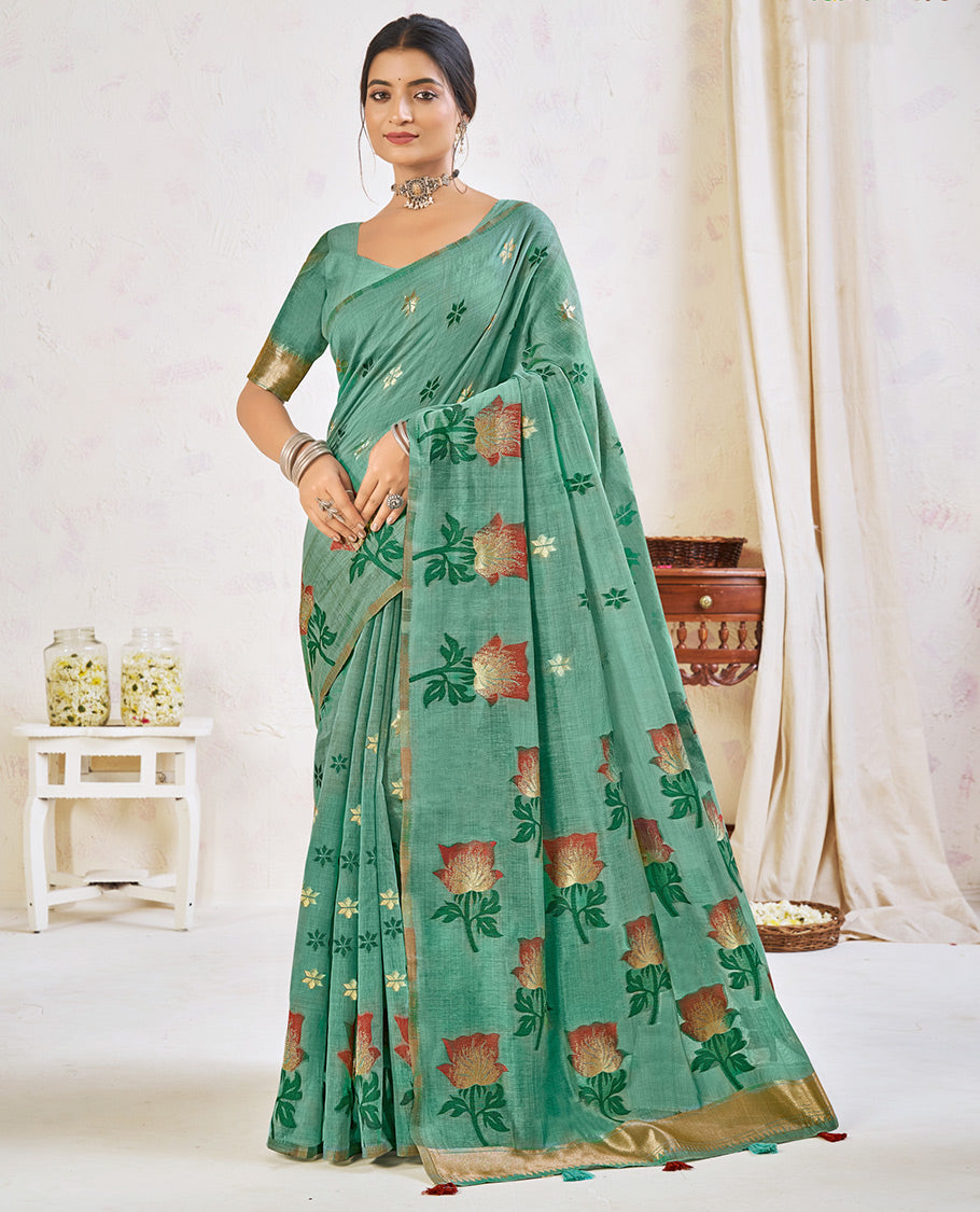 Blue Chanderi Cotton Designer Saree, Embellished with Flower Buttas, a Piping Border, a Flower Pallu, and a Matching Blouse