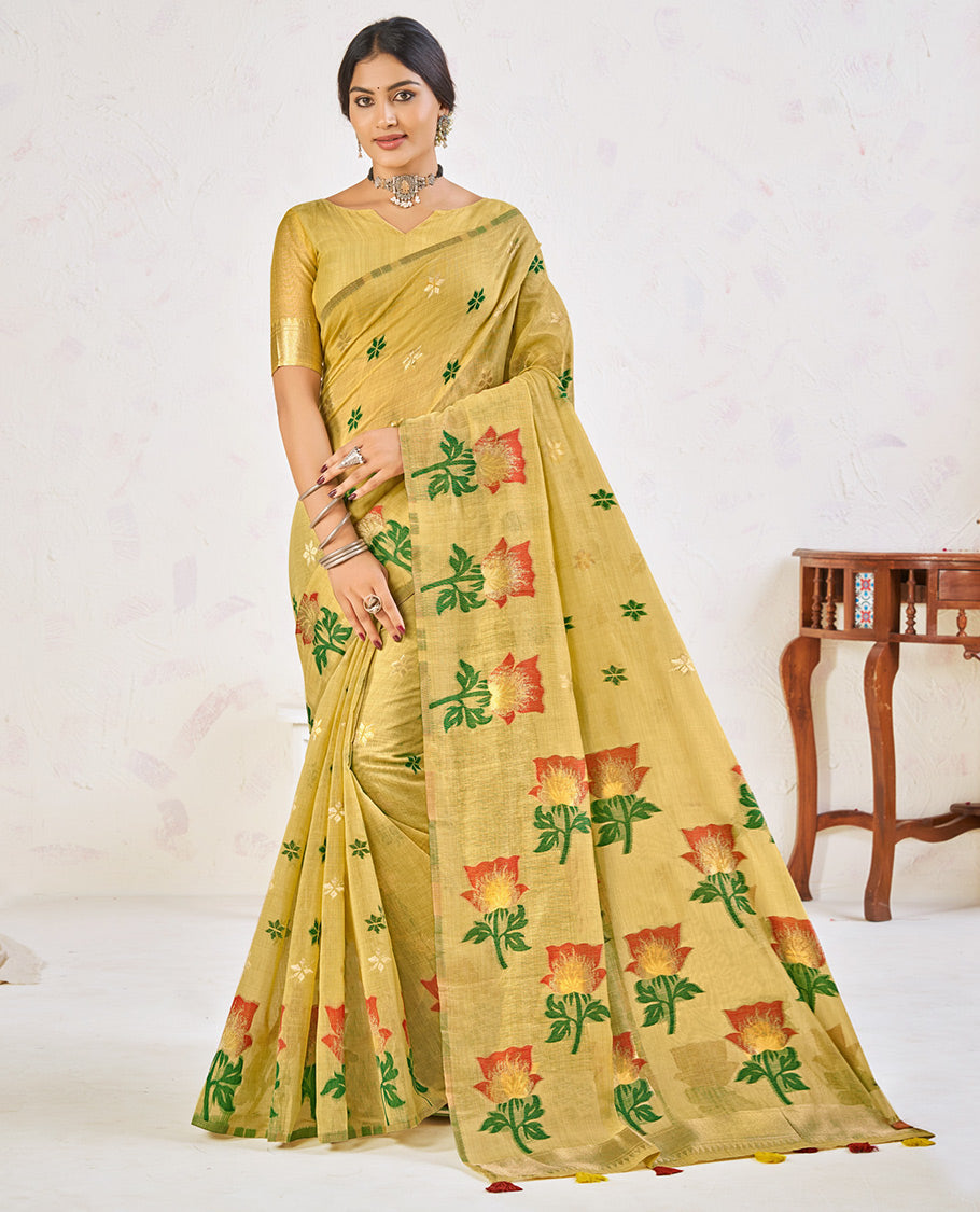 Green Chanderi Cotton Designer Saree, Ornamented with Flower Buttas, a Piping Border, a Flower Pallu, and a Matching Blouse