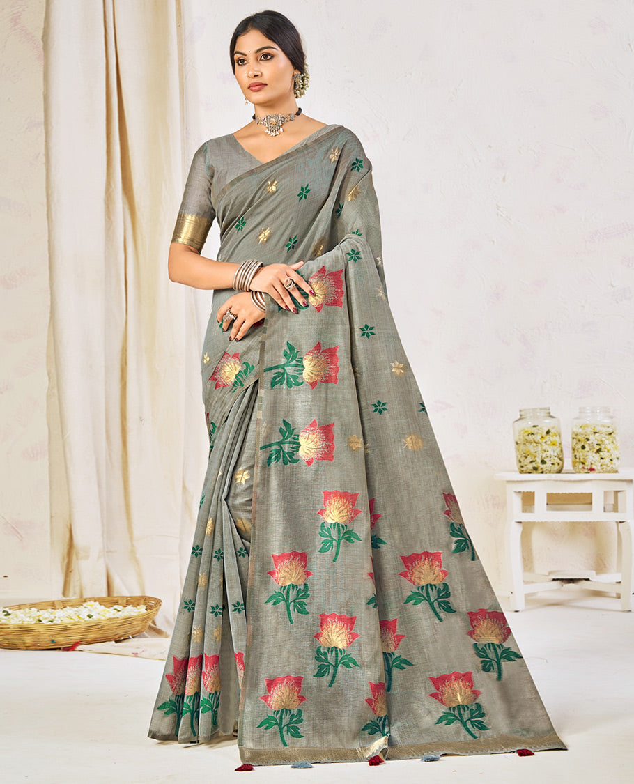 Grey Chanderi Cotton Designer Saree, Decked Up with Flower Buttas, a Piping Border, a Flower Pallu, and a Matching Blouse