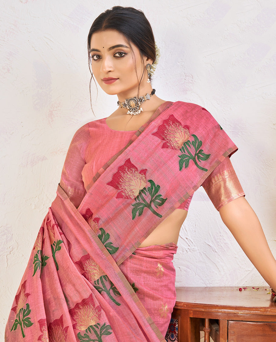 Pink Chanderi Cotton Designer Saree, Elevated with Flower Buttas, a Piping Border, a Flower Pallu, and a Matching Blouse